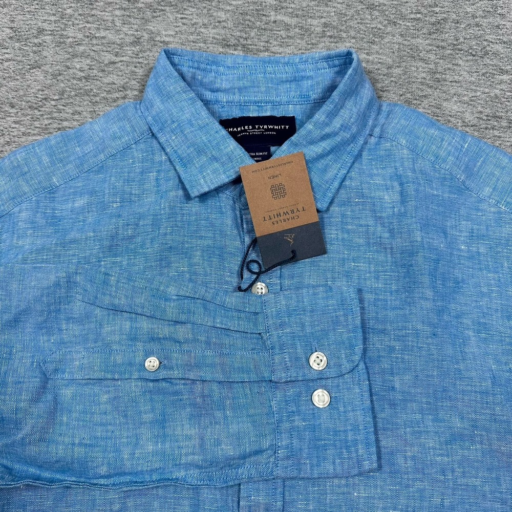 Charles Tyrwhitt Shirt Mens Small Blue Extra Slim 100% Linen Long Sleeve NEW